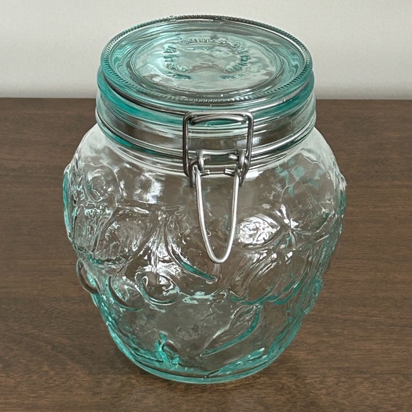 HERMETIC GREEN TINT GLASS FRUIT EMBOSSED 6" CANISTER WIRE BAIL HINGED LID ITALY - Picture 1 of 15